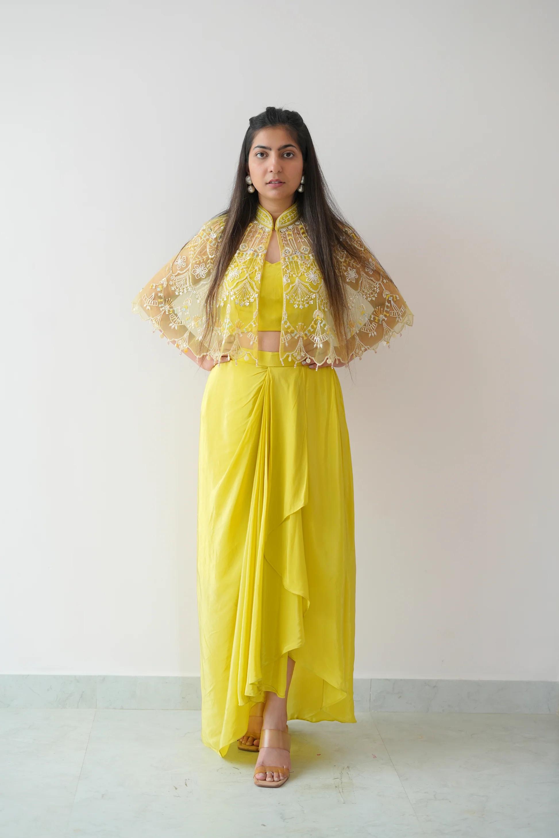 Yellow Color Natural Crep Fabric Salwar Kameez For Women