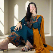 Teal Blue Embroidered Suit Set with Mustard Dupatta