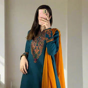 Teal Blue Embroidered Suit Set with Mustard Dupatta