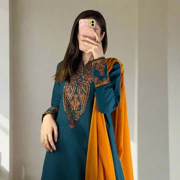 Teal Blue Embroidered Suit Set with Mustard Dupatta