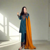 Teal Blue Embroidered Suit Set with Mustard Dupatta
