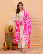 Elegant White Embroidered Kurta Set with Pink Ikat Dupatta