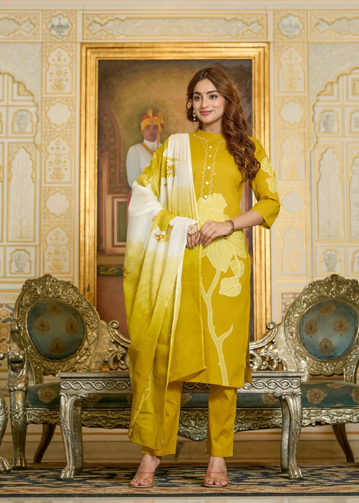 Royal Mustard Floral Printed Kurta Set with Pant & Ombre Dupatta