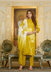 Royal Mustard Floral Printed Kurta Set with Pant & Ombre Dupatta