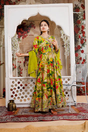 Green Multicolor Printed Anarkali Kurta Set with Dupatta
