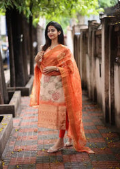 Peach & Orange Floral Printed Suit Set with Organza Dupatta