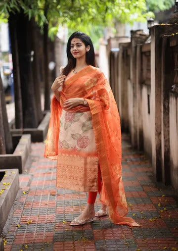 Peach & Orange Floral Printed Suit Set with Organza Dupatta