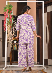 Cream & Purple Floral Printed Cotton Kurta Set for Women