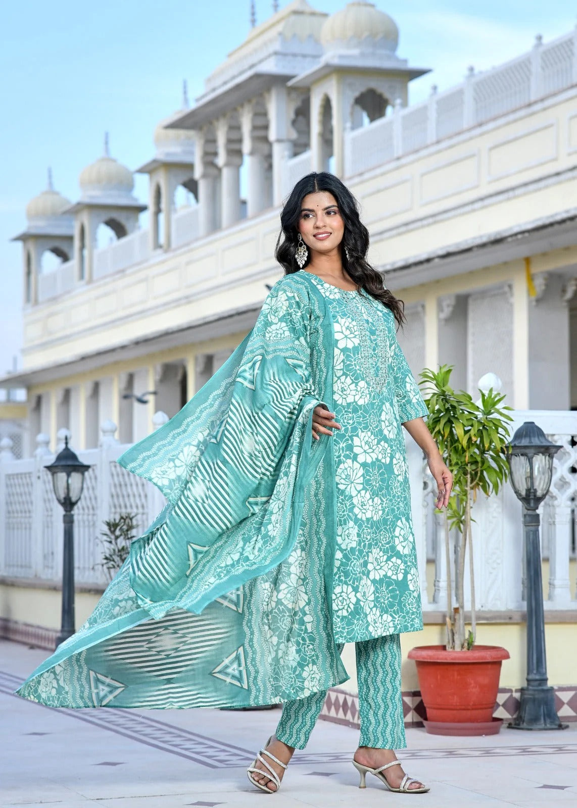 Aqua Blue Floral Printed Cotton Kurta Set with Pant & Dupatta