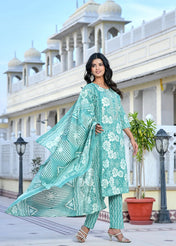 Aqua Blue Floral Printed Cotton Kurta Set with Pant & Dupatta