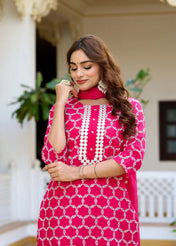 Rani Pink Printed Cotton Straight Kurta Set with Pant & Chiffon Dupatta