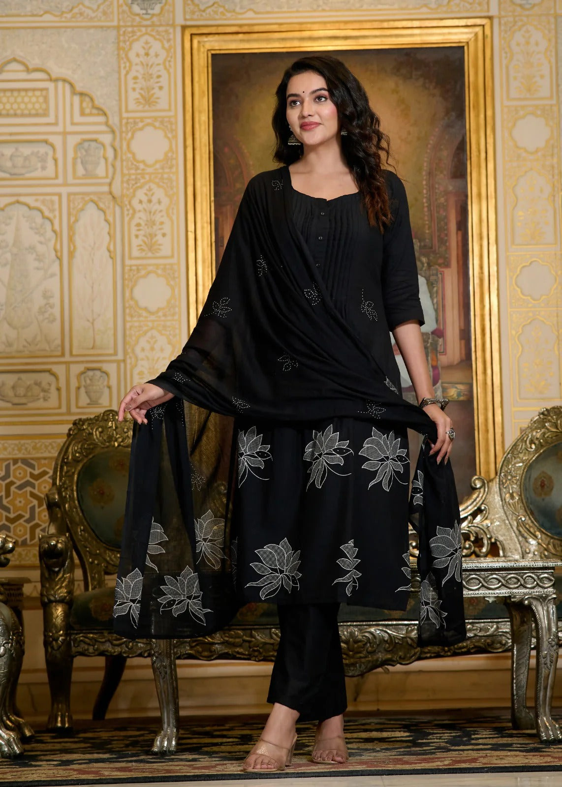 Black Embroidered Kurta Set with Dupatta for Women