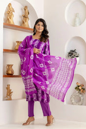 Purple Bandhani Printed Cotton Suit Set with Dupatta