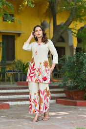 Cream Floral Printed Cotton Kurta Set for Women