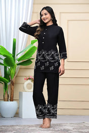 Black Embroidered Cotton Co-ord Set for Women