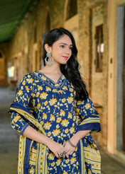 Navy Blue Floral Printed Cotton Kurta Set with Dupatta