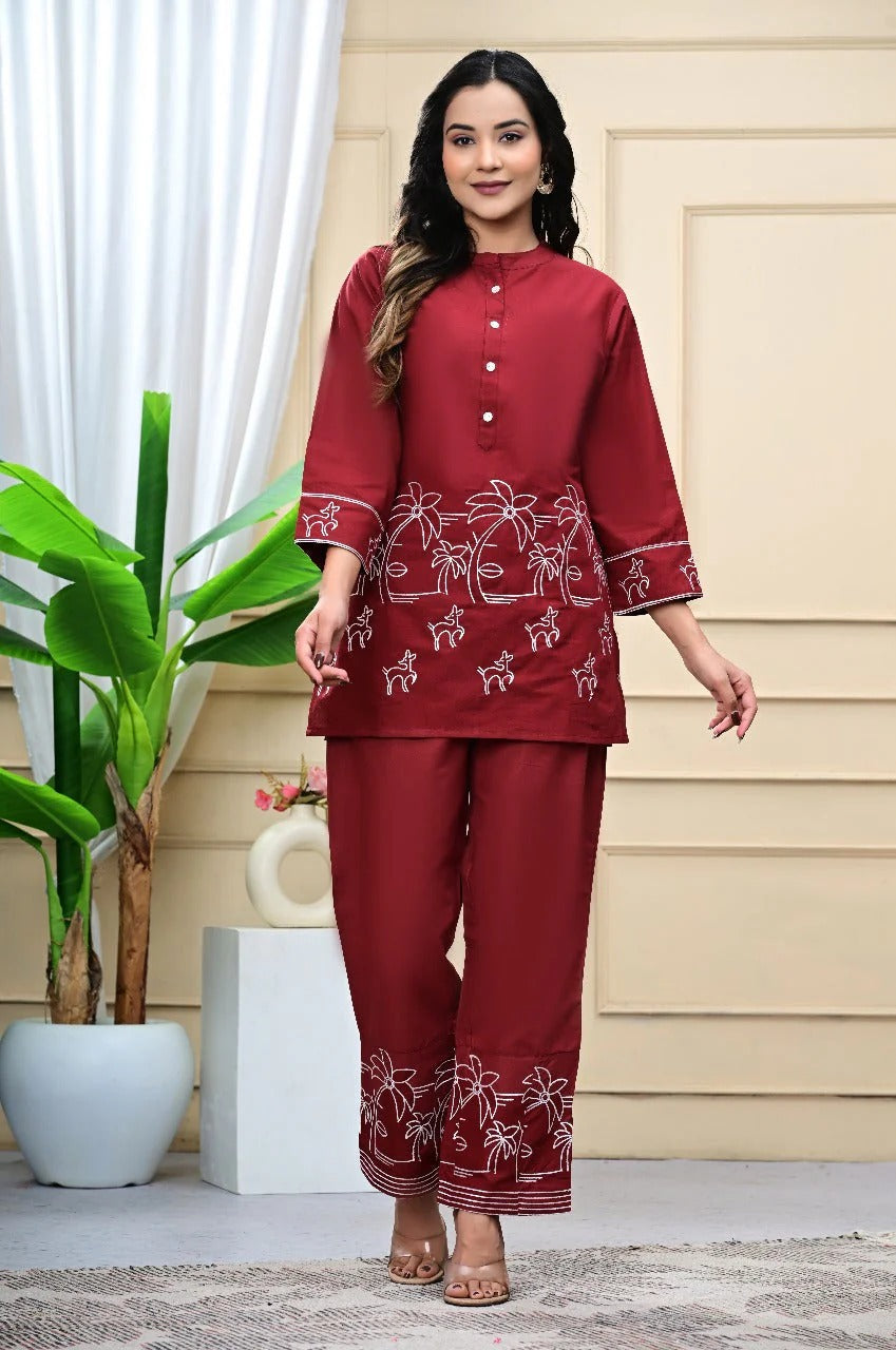 Wine Red Cotton Embroidered Kurta Set for Women