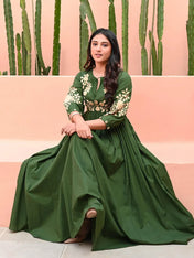 Zehra Olive Bloom Cotton Anarkali Gown
