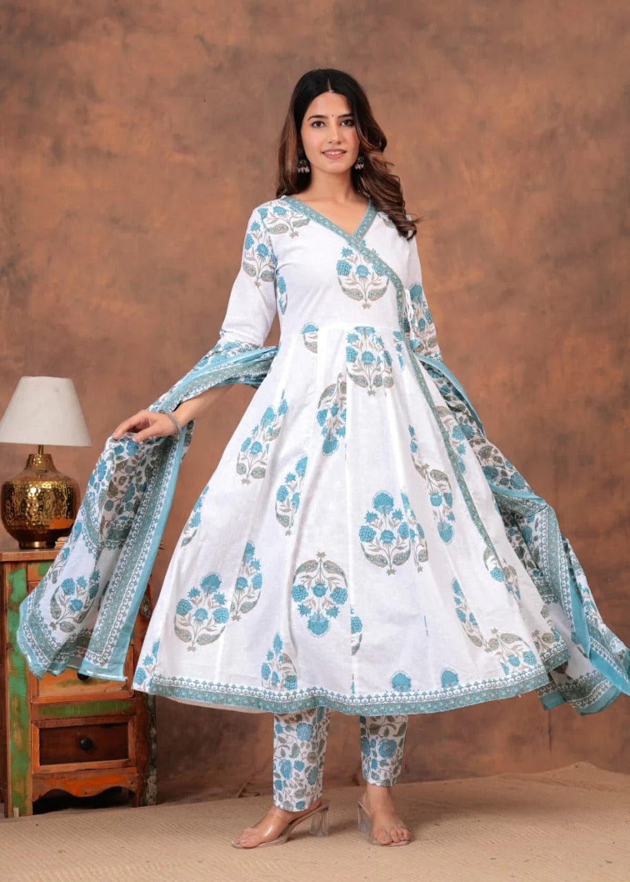 White & Blue Floral Printed Cotton Anarkali Kurta Set with Dupatta
