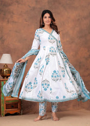 White & Blue Floral Printed Cotton Anarkali Kurta Set with Dupatta