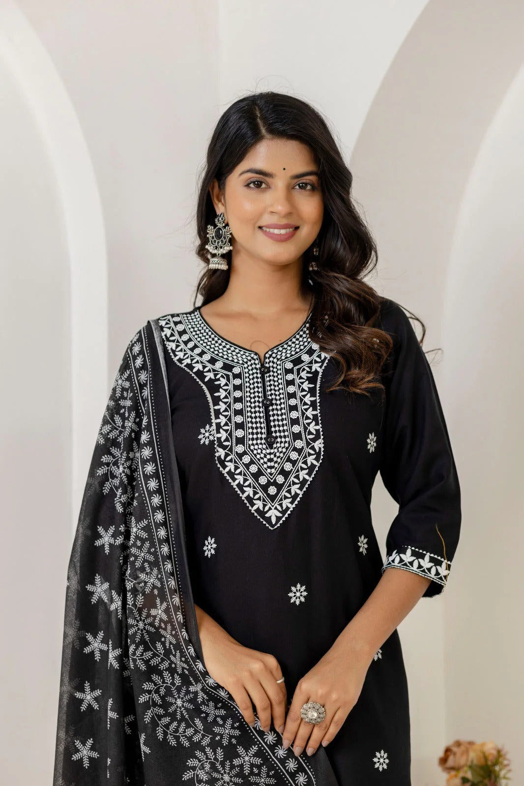 Black & White Embroidered Cotton Straight Kurta Set with Chiffon Dupatta