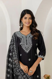 Black & White Embroidered Cotton Straight Kurta Set with Chiffon Dupatta
