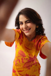 Yellow & Pink Floral Printed Cotton Kurta Set for Women