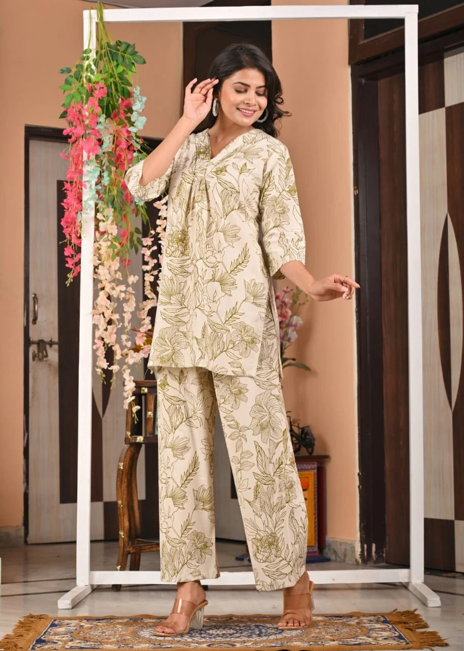 Beige Floral Printed Cotton Co-Ord Set for Women