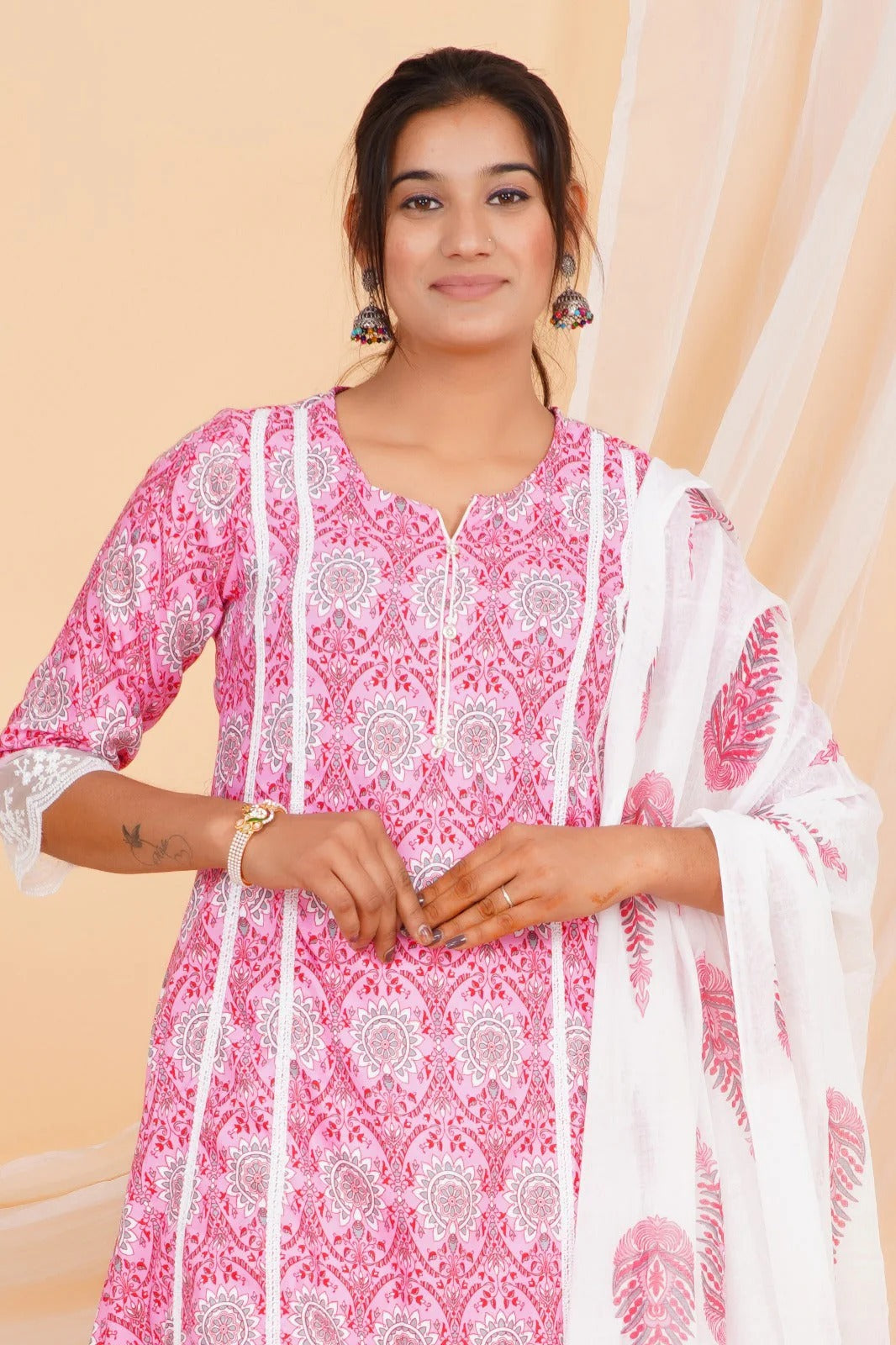 Pink Printed Straight Kurta with Lace Detailing & White Cotton Pant