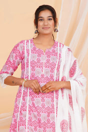 Pink Printed Straight Kurta with Lace Detailing & White Cotton Pant