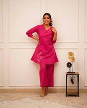 Hot Pink Solid Cotton Kurta Set for Women