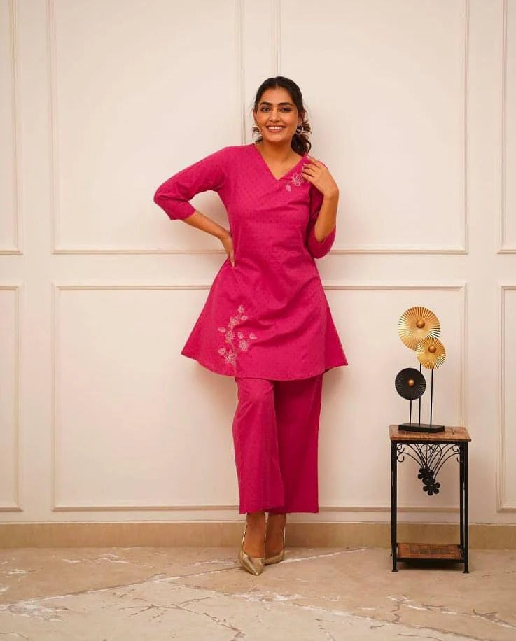 Hot Pink Solid Cotton Kurta Set for Women