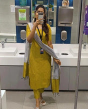 Mustard Yellow Solid Cotton Kurta Set with Grey Dupatta