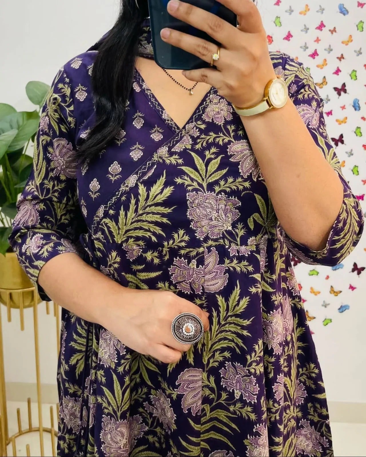 Purple Floral Printed Cotton Anarkali Kurta Set with Pant & Dupatta