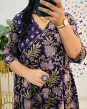 Purple Floral Printed Cotton Anarkali Kurta Set with Pant & Dupatta
