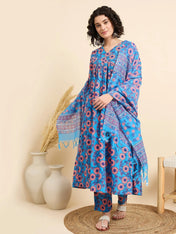 Blue & Pink Floral Printed Cotton Kurta Set with Dupatta