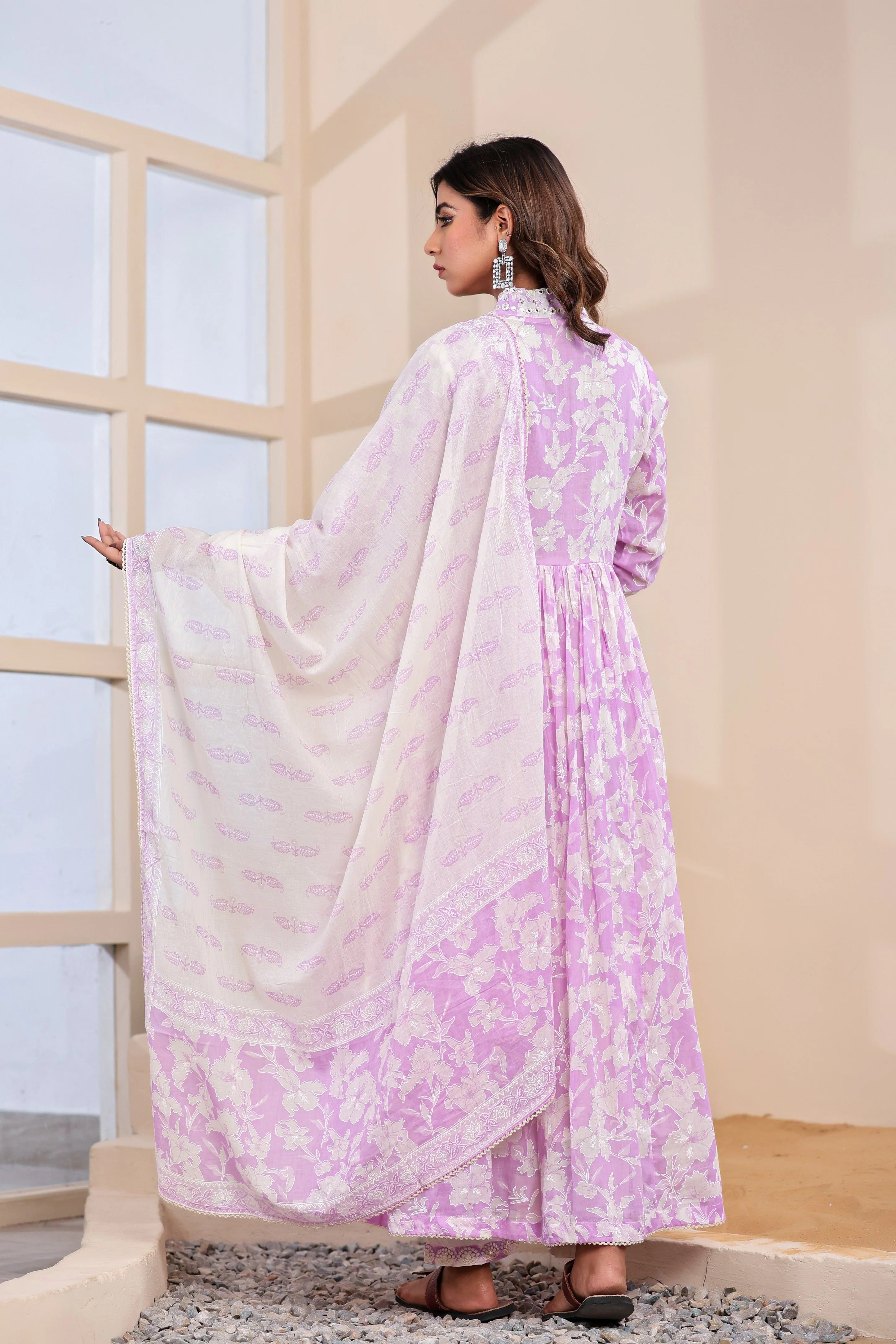 Lavender & White Floral Printed Anarkali Kurta Set with Dupatta