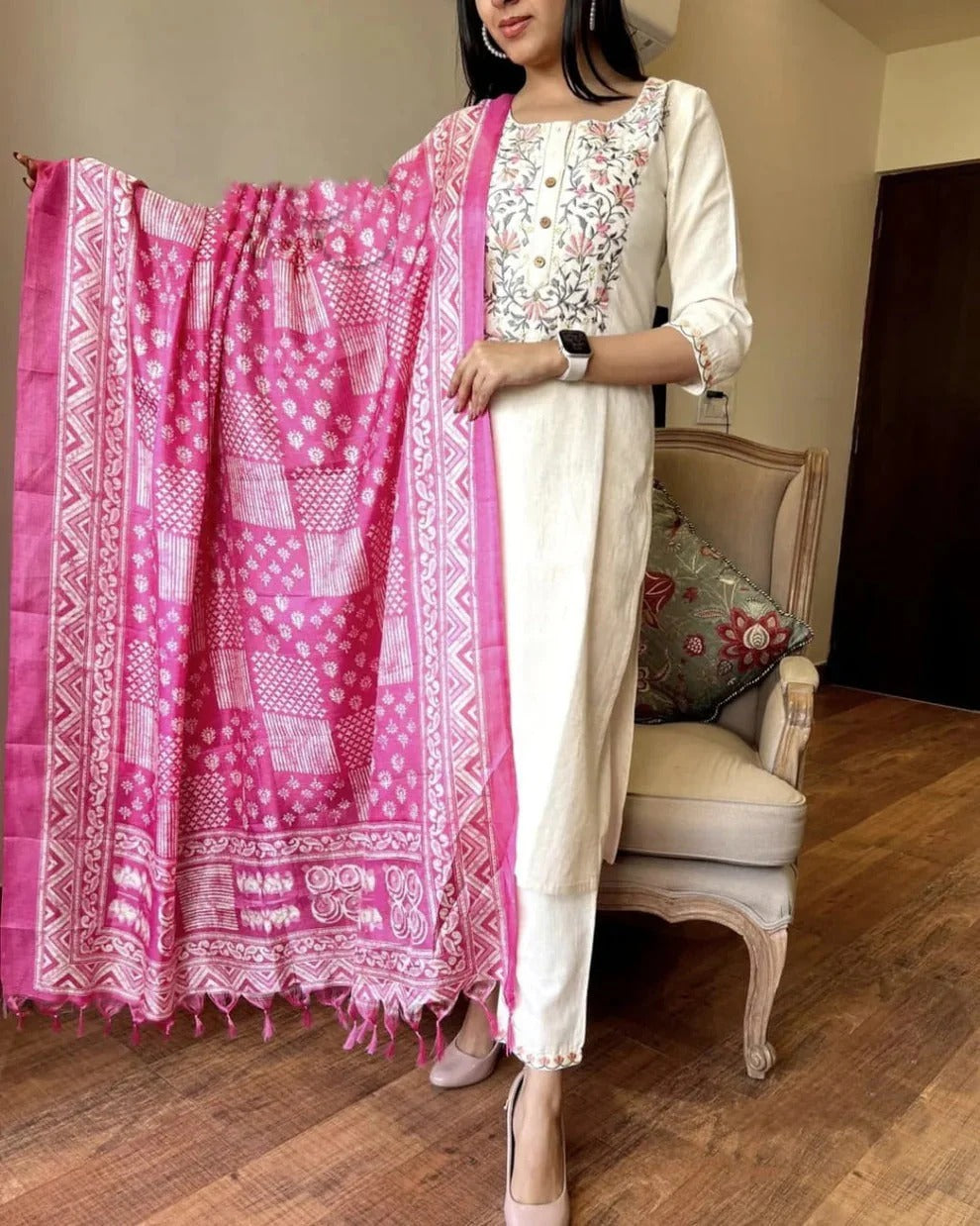 Elegant White Embroidered Kurta Set with Pink Ikat Dupatta
