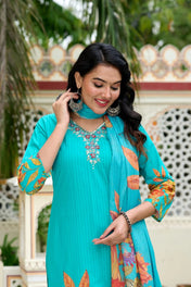 Turquoise Floral Printed Straight Kurta Set with Pant & Chiffon Dupatta