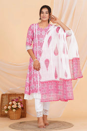 Pink Printed Straight Kurta with Lace Detailing & White Cotton Pant