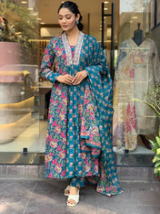 Teal Blossom Viscose Suit Set