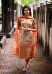 Peach & Orange Floral Printed Suit Set with Organza Dupatta