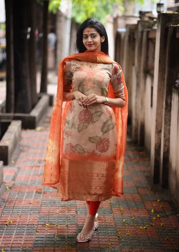 Peach & Orange Floral Printed Suit Set with Organza Dupatta