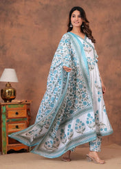 White & Blue Floral Printed Cotton Anarkali Kurta Set with Dupatta