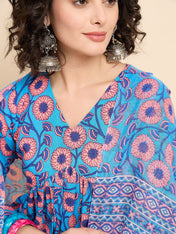 Blue & Pink Floral Printed Cotton Kurta Set with Dupatta
