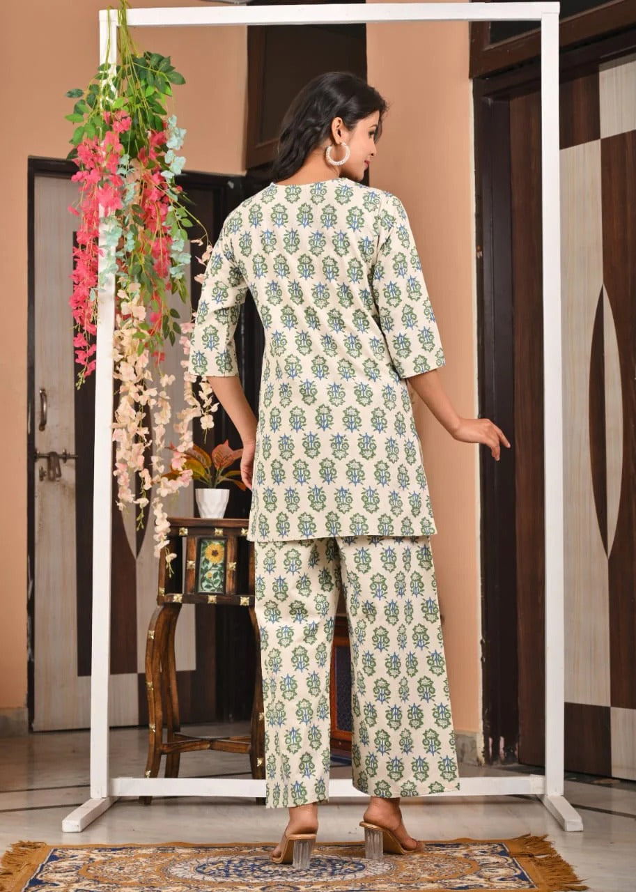 Cream Green Handblock Printed Cotton Kurta Set for Women