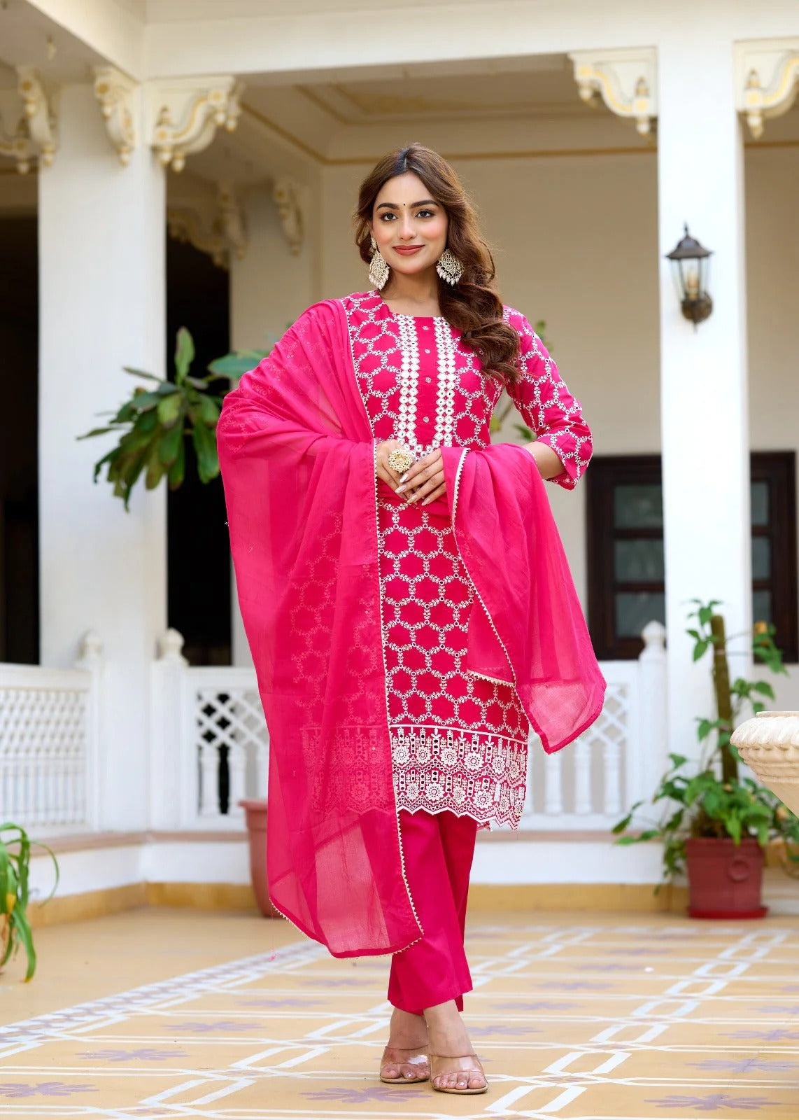 Rani Pink Printed Cotton Straight Kurta Set with Pant & Chiffon Dupatta