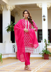 Rani Pink Printed Cotton Straight Kurta Set with Pant & Chiffon Dupatta