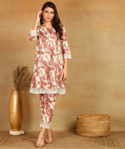Pink Floral Print Cotton Kurta Set for Women