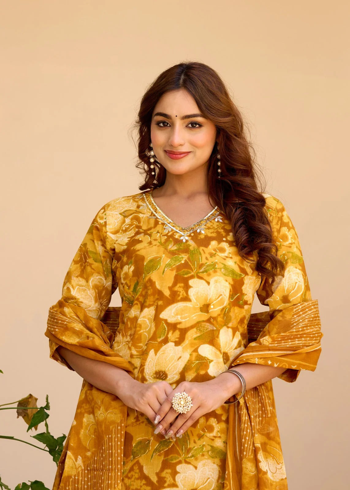 Mustard Yellow Floral Print Cotton Suit Set With Matching Pants & Dupatta